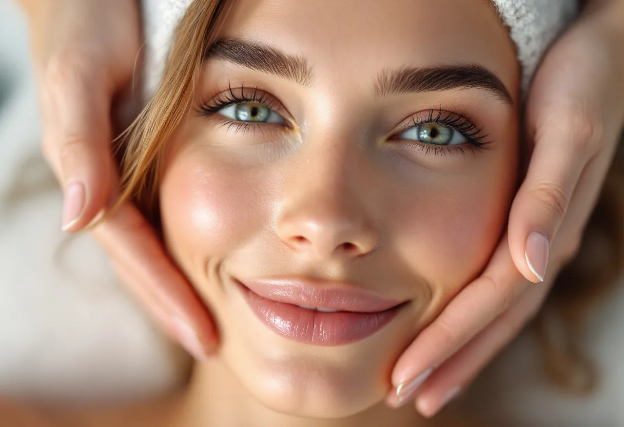 Gros plan sur le visage souriant d’une femme aux yeux pétillants, les ridules des pattes d’oie subtilement effacées, dans une salle de soins lumineuse d’une clinique esthétique à Gand.