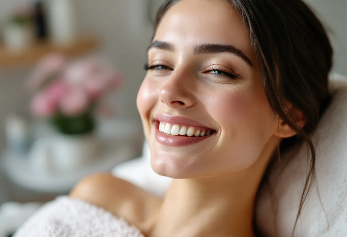 Une femme souriante au teint éclatant dans un salon de consultation lumineux à Gand, après un traitement esthétique discret, affichant un air reposé et naturel.