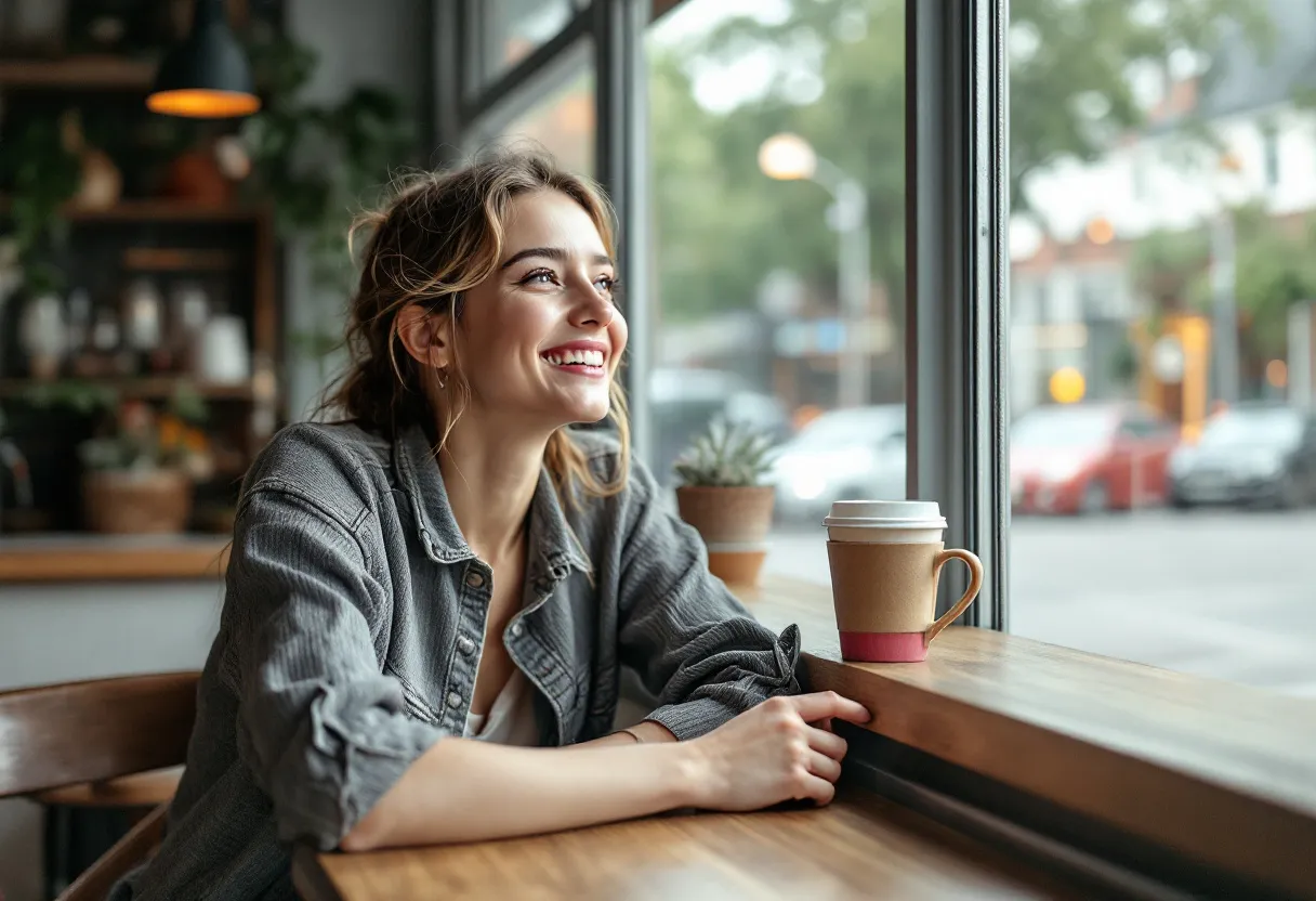 Een jonge vrouw met een natuurlijke, frisse uitstraling zit aan een tafeltje in een knus Gents koffiehuis, lacht ontspannen terwijl ze naar buiten kijkt.