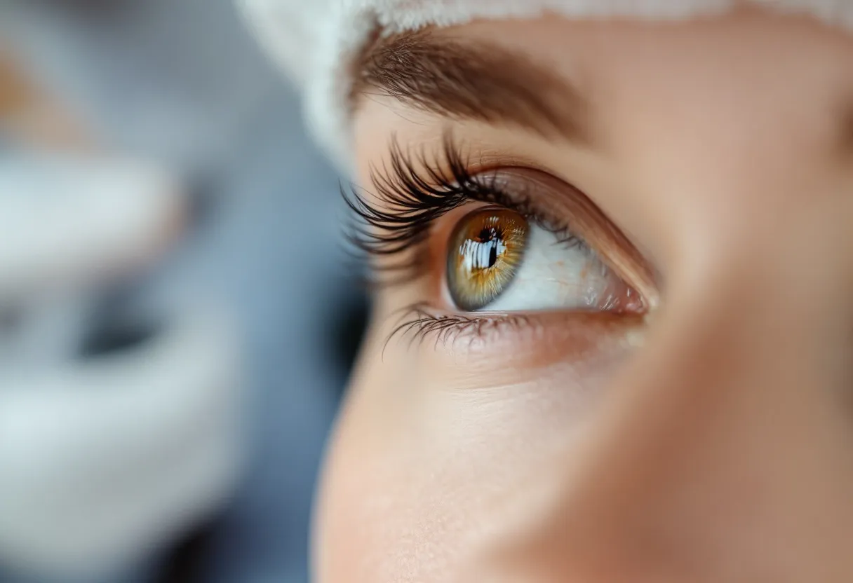 Close-up van de ogen van een vrouw die rustig naar buiten kijkt, met subtiele kraaienpootjes die vervagen na een discrete botoxbehandeling in een lichte, moderne Gentse kliniek.