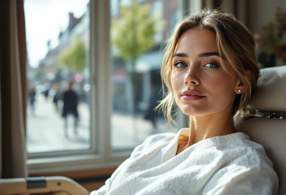 Een close-up van een stralende vrouw van eind dertig met een frisse, ontspannen uitdrukking en minimale rimpels, in een lichte behandelruimte met uitzicht op een typisch Gents straatje.
