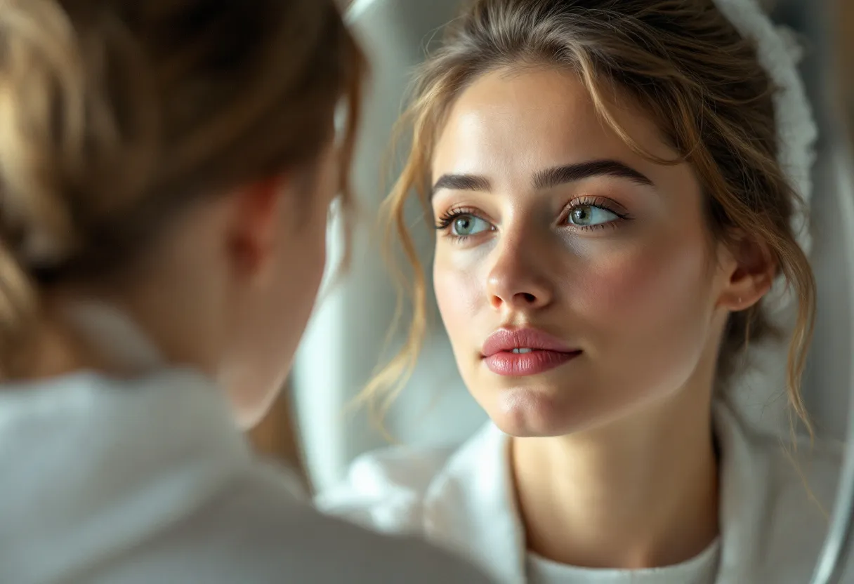 Een vrouw in een lichte, moderne Gentse behandelkamer kijkt ontspannen in de spiegel, haar fronslijnen subtiel verzacht en haar blik fris en uitgerust, zonder zichtbare sporen van een ingreep.