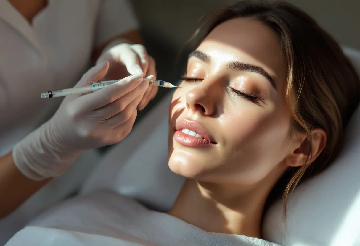 Een fotorealistische close-up van een vrouw in een serene, lichte behandelkamer in Gent, terwijl een arts met precisie een Botox-injectie in haar voorhoofd toedient; haar gezichtsuitdrukking ontspannen en natuurlijk, met zacht daglicht dat door het raam valt.