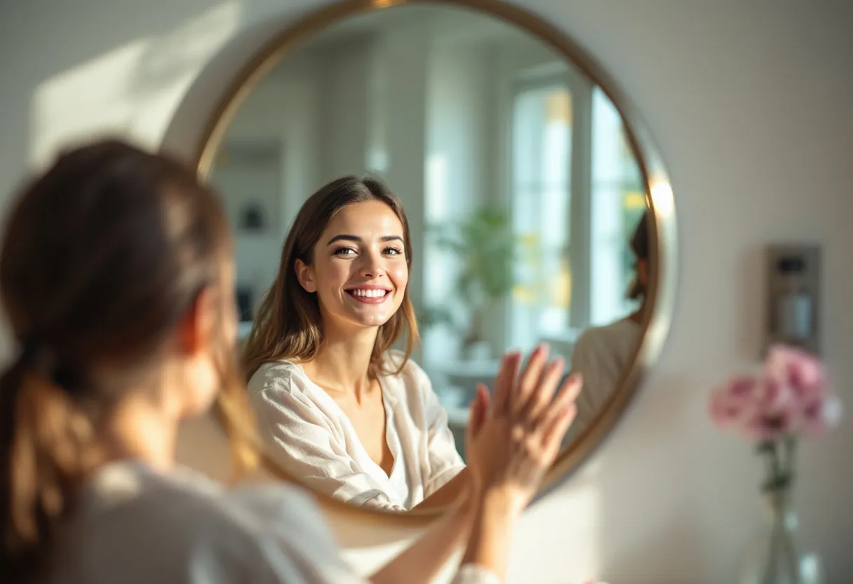Een serene behandelruimte in een Gentse kliniek, waar een vrouw met een zachte glimlach en een glad voorhoofd in de spiegel kijkt en haar natuurlijke, uitgeruste reflectie ziet, verlicht door zacht daglicht dat door een raam valt.