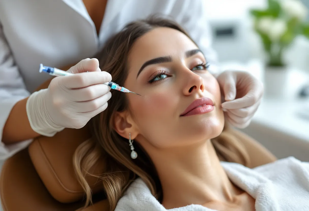 Een close-up van een vrouw van begin 30 die ontspannen in een comfortabele stoel zit in een lichte, moderne Gentse kliniek, terwijl een arts in witte jas voorzichtig met een fijne naald een subtiele Botox-injectie plaatst nabij haar kraaienpootjes; haar uitdrukking is kalm en vertrouwd.