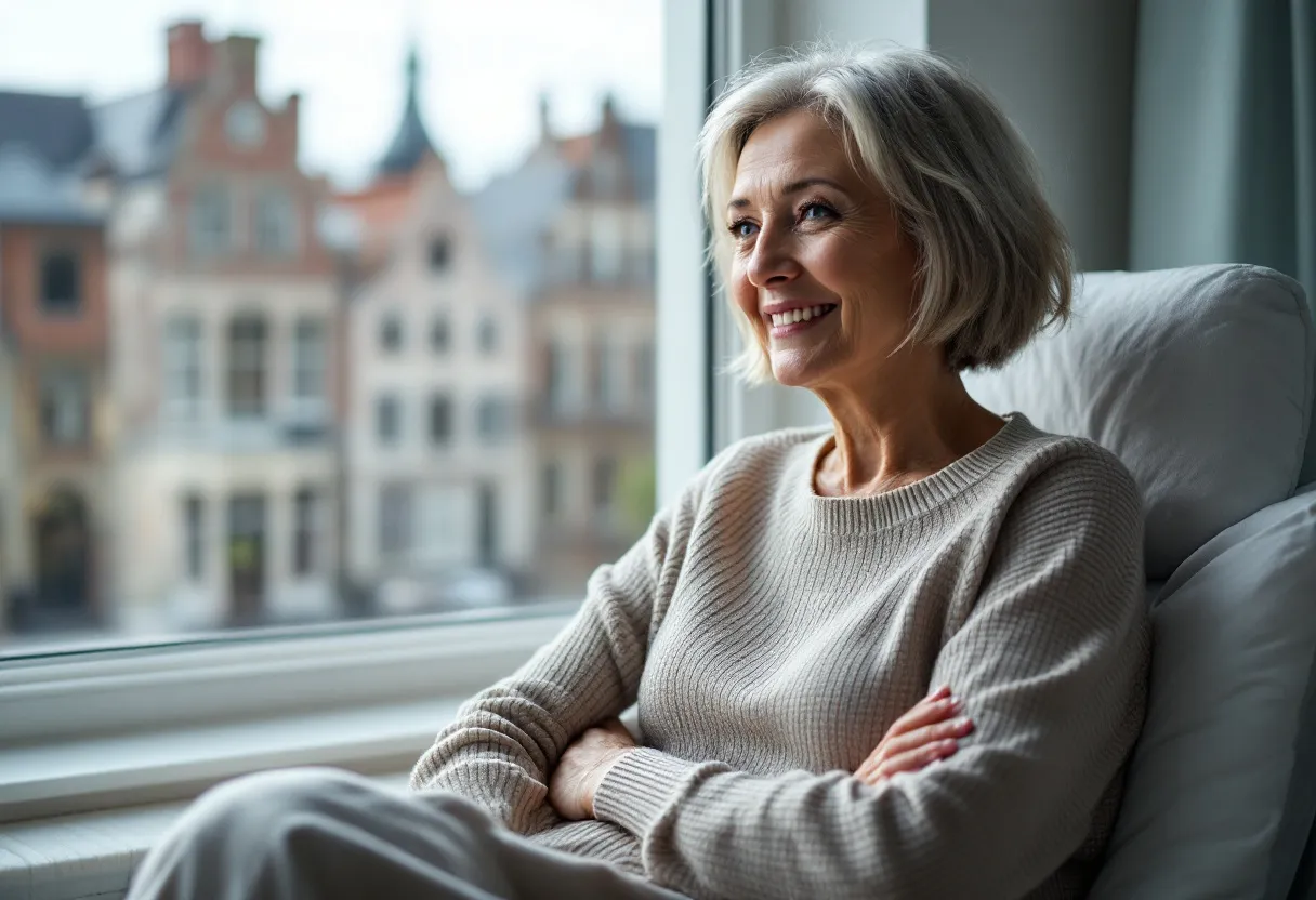 Een vrouw van midden dertig met een subtiel verfriste uitstraling, zittend in een lichte, moderne kliniek in Gent, glimlachend naar een arts die een Frisheids-scan bespreekt, natuurlijk daglicht valt door ramen met uitzicht op historische Gentse gevels.
