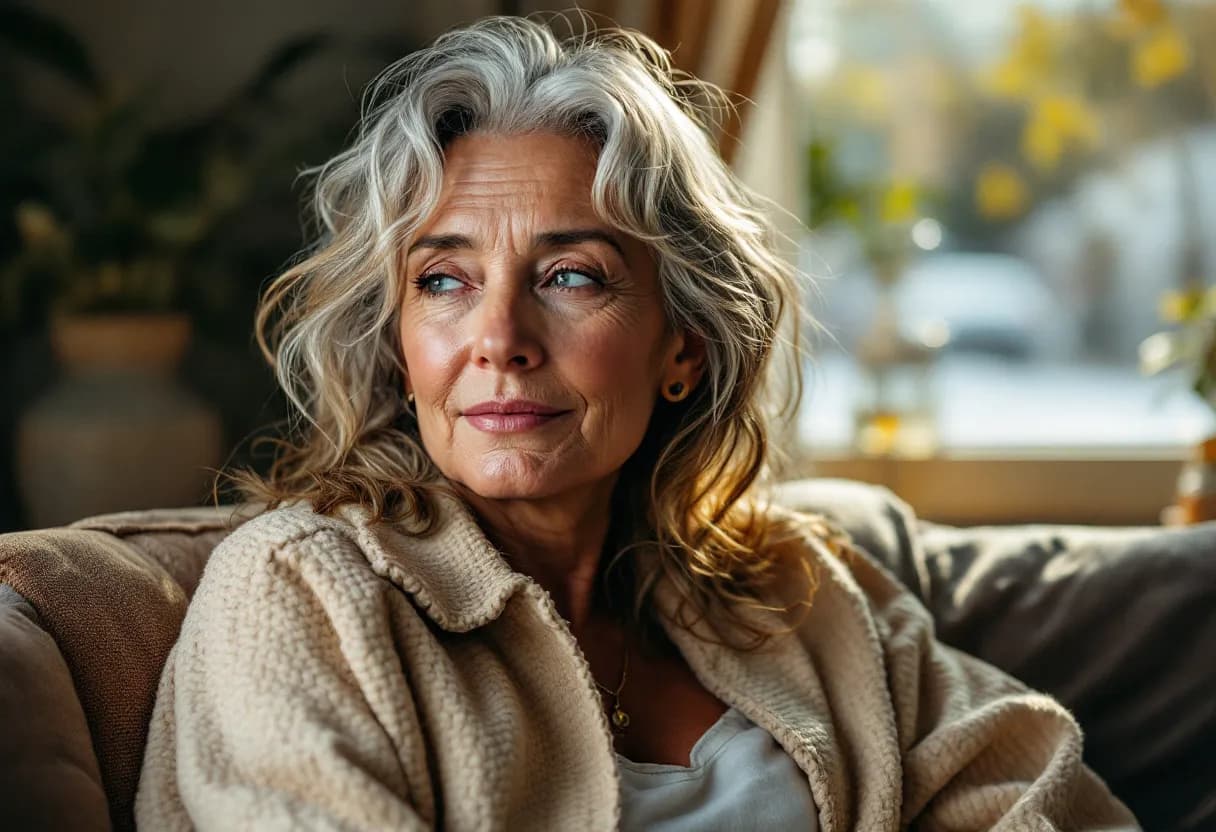 Een vrouw van begin dertig met een stralende, ontspannen huid en zachte gelaatstrekken, zittend bij het raam in een lichte Gentse stadswoning, zonder zichtbare make-up of rimpels.