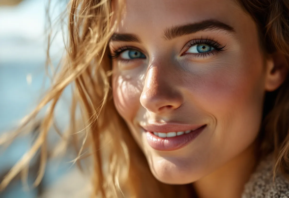 Een close-up van een ontspannen vrouwengezicht met subtiele lachrimpels bij de ogen, in een zonnige Gentse koffiebar aan het water, haar huid ziet er fris en natuurlijk uit.
