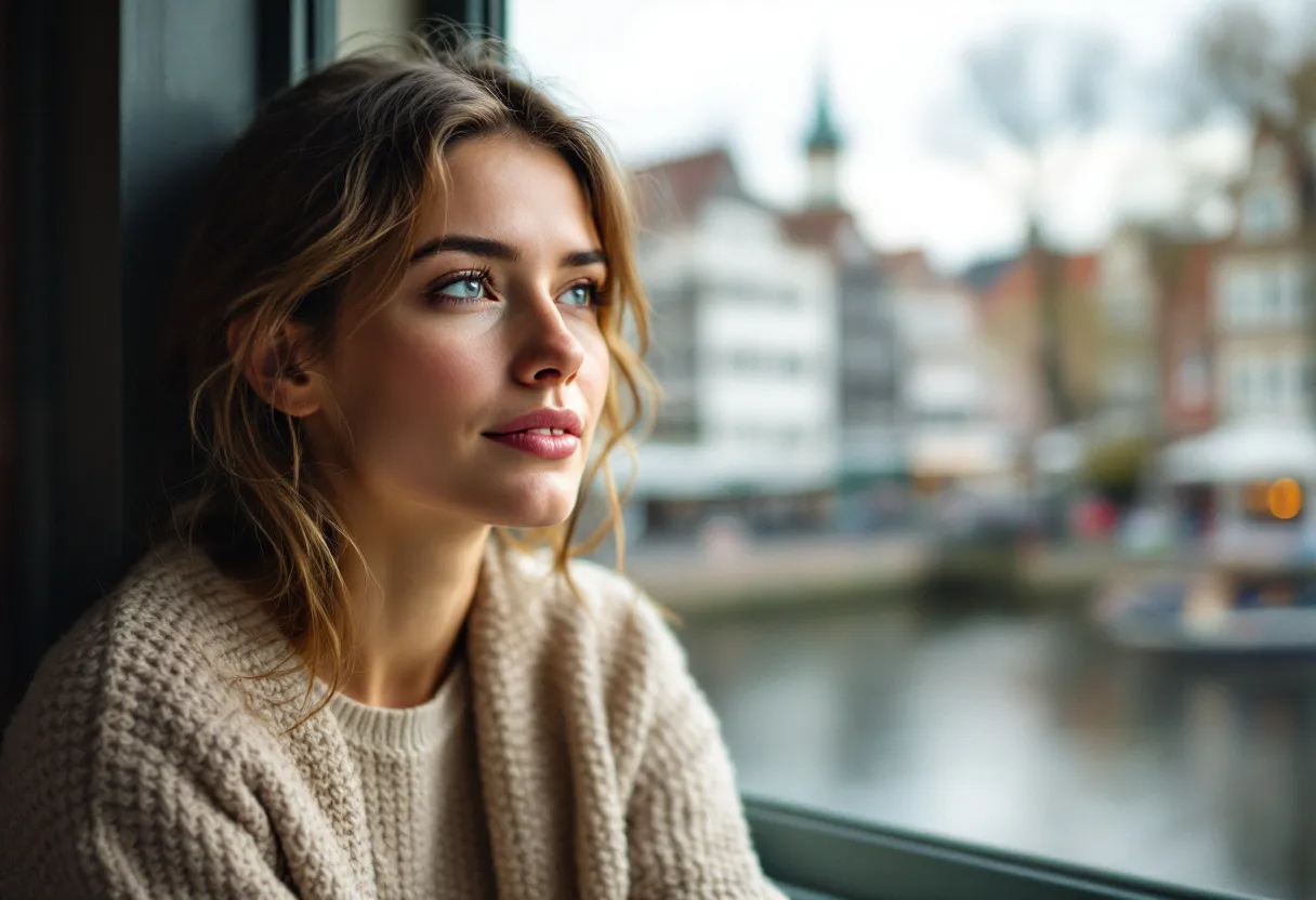 Een serene close-up van een natuurlijk ogende vrouw met een frisse, ontspannen uitdrukking, zittend aan een raam met uitzicht op de historische Graslei in Gent.