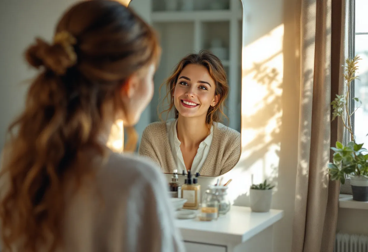 Een vrouw in een lichte, serene behandelkamer in Gent kijkt in een spiegel en ziet haar gladde voorhoofd zonder rimpels, een natuurlijk resultaat.