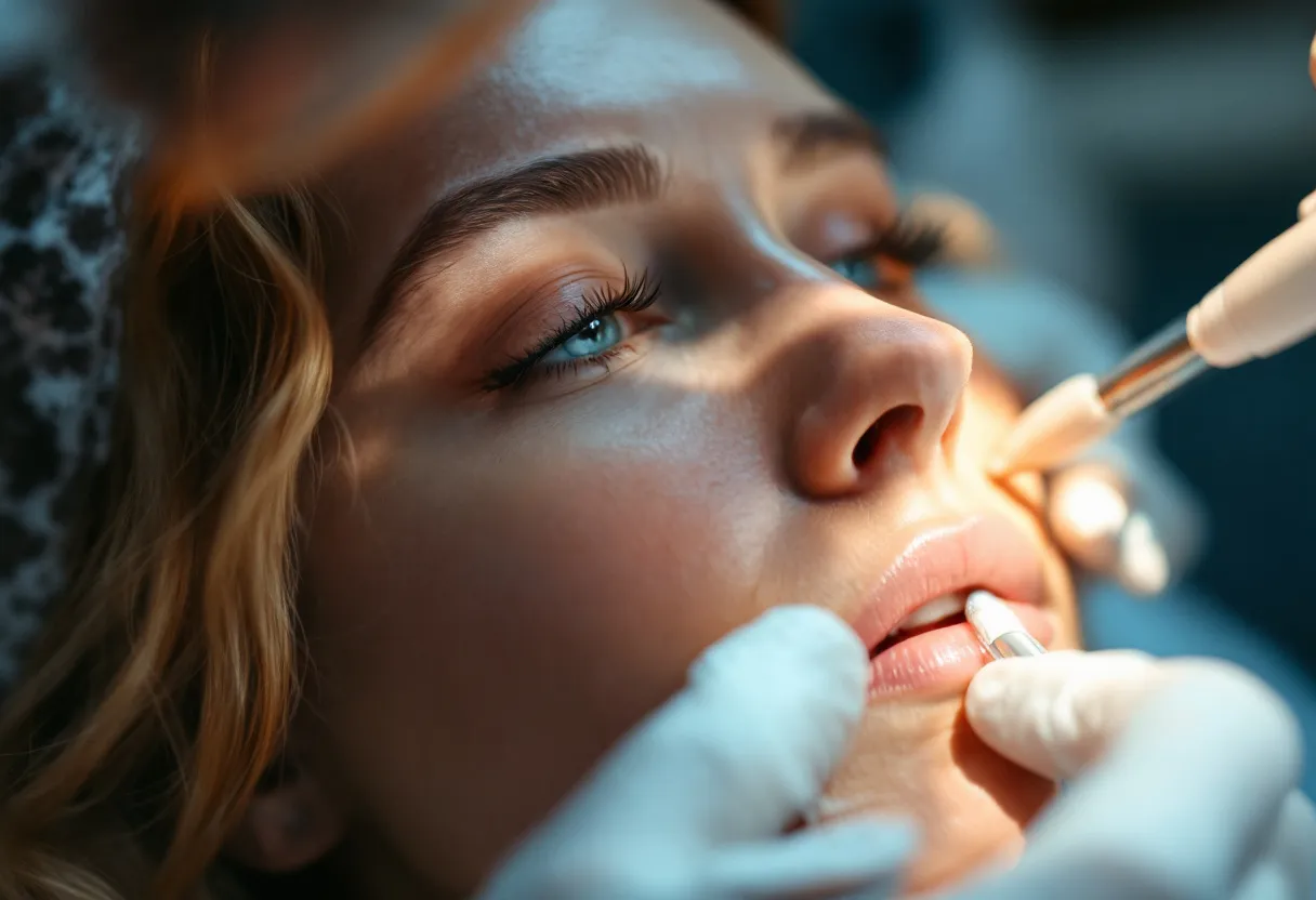 Close-up van een vrouwengezicht met een rustige, natuurlijke gloed, terwijl een medisch professional subtiel een rimpelbehandeling uitvoert in een lichte, moderne kliniek in Gent.