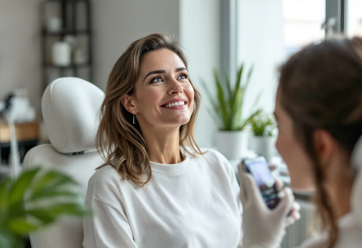 Een ontspannen vrouw van midden dertig zit in een lichte, moderne behandelkamer in Gent en kijkt tevreden in de spiegel na een subtiele fronslijnbehandeling met botox, haar gelaatsuitdrukking straalt rust en zelfvertrouwen uit.