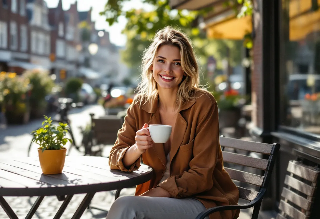 Een zelfverzekerde vrouw van begin 30 met een natuurlijke, frisse uitstraling zit op een zonnig terras aan de Graslei in Gent, met een koffiekop in de hand en de middeleeuwse achtergrond subtiel onscherp.