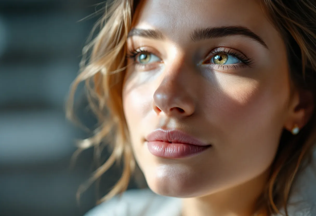 Een close-up van een serene vrouw met zachte voorhoofdsrimpels in een lichte, discrete kliniek in Gent, met natuurlijk daglicht.