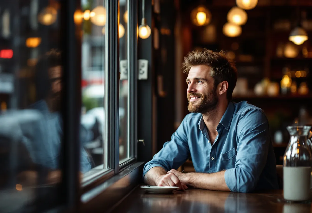 Een man van eind dertig in een casual blauw shirt kijkt met een ontspannen glimlach uit het raam van een gezellige koffiebar in de Gentse binnenstad, terwijl het ochtendlicht zijn gezicht zacht belicht en zijn huid er glad en uitgerust uitziet.