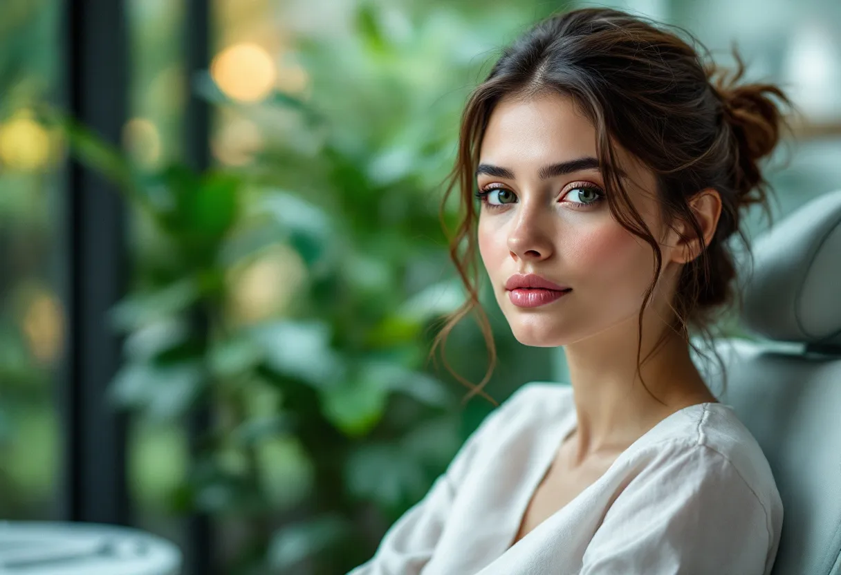 Een close-up van een stralende vrouw met minimale rimpels, zittend in een lichte, moderne kliniekruimte in Gent, met op de achtergrond een groene binnentuin en zachte daglichtinval.