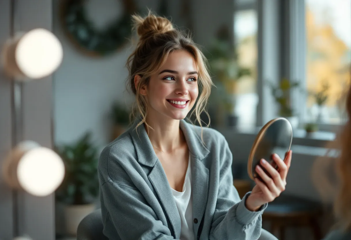 Een jonge vrouw zit in een lichte, moderne Gentse kliniekruimte en kijkt tevreden in een handspiegel, haar huid oogt glad en fris zonder overdreven effect.