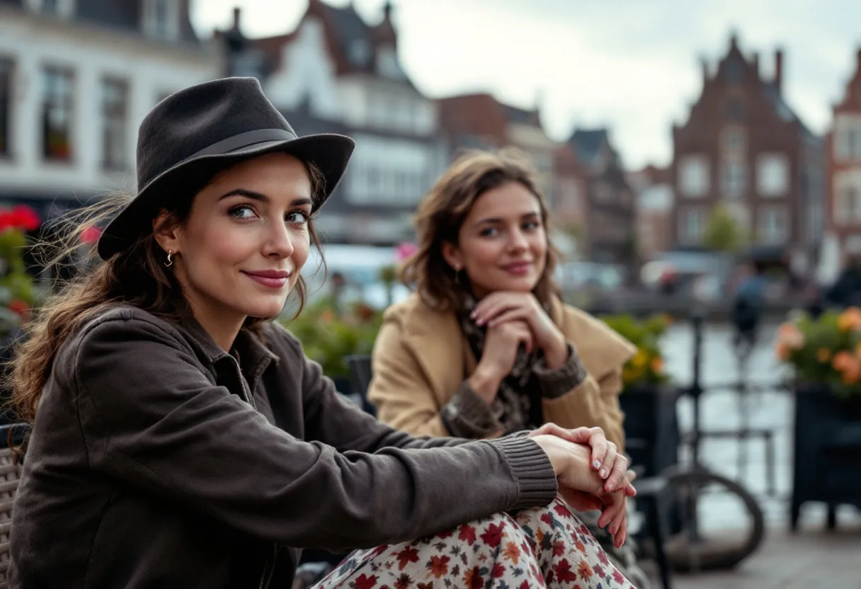 Een close-up van een stralende vrouw met een ontspannen, frisse uitdrukking, zittend op een terras in het historische centrum van Gent met de Graslei op de achtergrond.