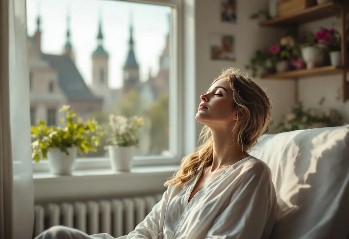 Een serene vrouw met een natuurlijke glow zit ontspannen in een lichte kliniek in Gent, met zicht op de historische torens van de stad.