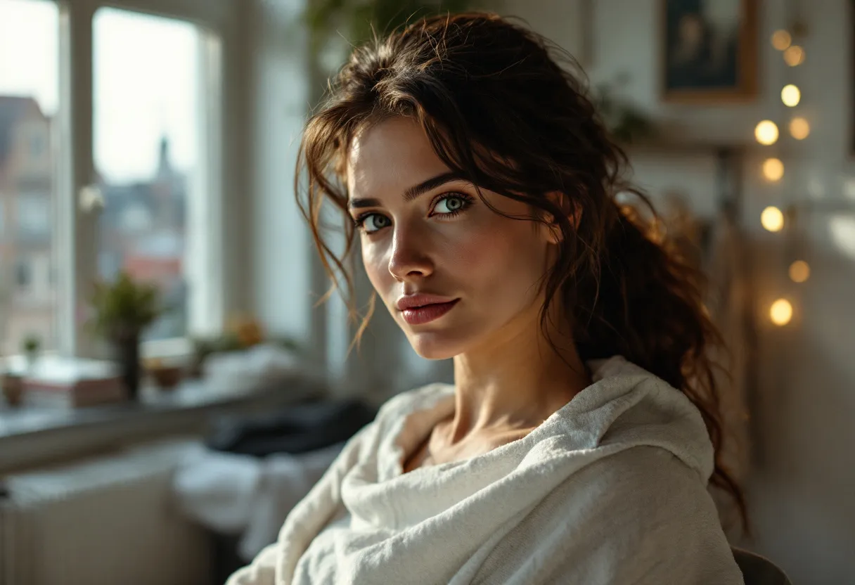 Een vrouw met een natuurlijk ogende huid glimlacht rustig in een lichte behandelkamer in Gent, met zicht op historische gevels door het raam.